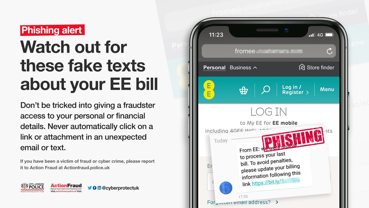 Watch out for these fake <a href="/EE/">EE</a> text messages that lead you to a very convincing login page! If in doubt #TakeFive and #Tell2 people to protect them falling victim! #PhishyFridays

💻 Report phishing to us: actionfraud.police.uk/report_phishing