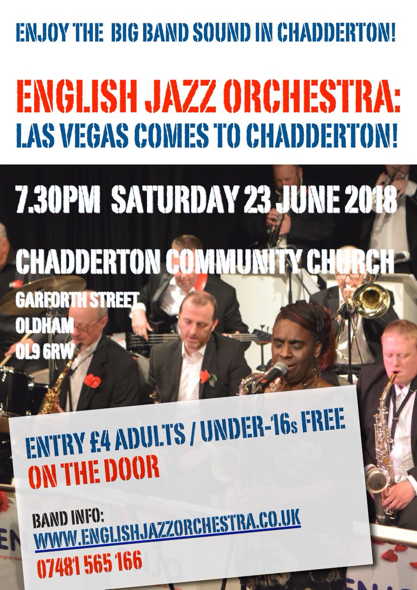 English Jazz Orchestra, our fab 17-piece, Oldham-based swing big band, plays Chadderton Community Church on Saturday evening, 23 June 2018. It will be quite something, so tell all your friends, put on your glad rags and join us for a night to remember!