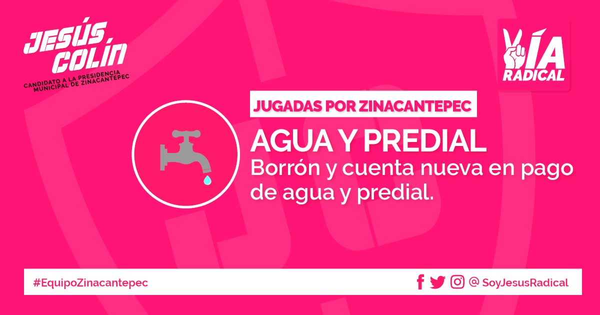 SoyJesusRadical's tweet photo. Borrón y Cuenta Nueva, esta es mi propuesta para para comenzar de nuevo con el pago del predial y el agua.
Por un #Zinacantepec Ganador y Próspero. #JesúsColín #VíaRadical https://t.co/81zycsoufQ