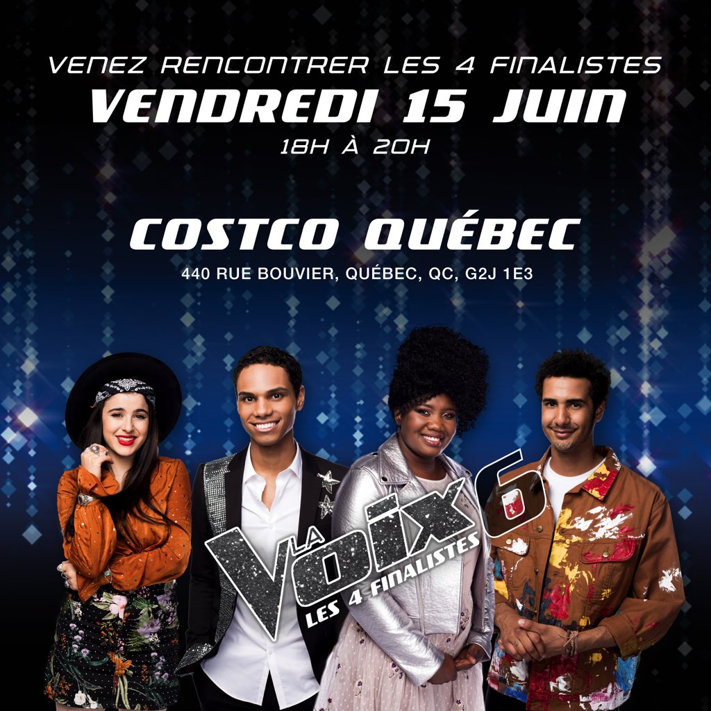 Gens de Québec, on arrive! 🤩 

Nous serons au Costco (440, rue Bouvier) ce soir de 18h à 20h. Venez acheter votre exemplaire de l’album « La Voix 6 – Les 4 finalistes » et profitez-en pour le faire signer! ✍🏼 

Nous avons hâte de vous rencontrer! 💕 #LaVoixTVA