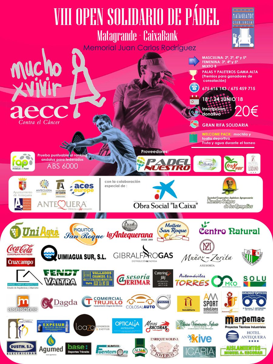 grupo_sanroque's tweet image. La semana que viene se celebra el VIII Open Solidario de Pádel en #Matagrande. Desde La Antequerana apoyamos esta iniciativa a favor de la AECC.
¡Ánimo a los participantes! 💪💪💪💪