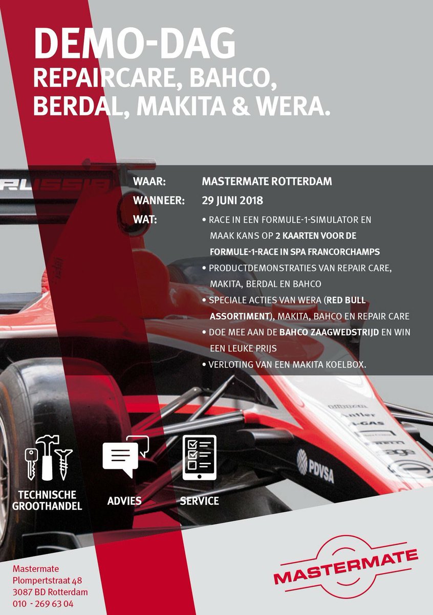 Op 29 juni aanstaande heeft #Mastermate Rotterdam een Demo dag.Op deze dag hebben wij diverse leveranciers zoals #Makita, Repair Care, #Bahco en #Berdal die hun producten demonstreren. Op deze dag kunt u per bedrijf maximaal 5 machines gratis laten keuren.