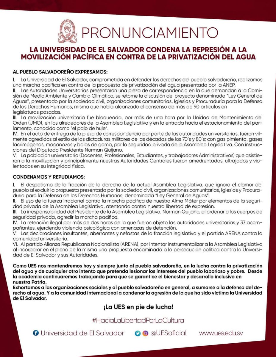 PRONUNCIAMIENTO - La Universidad de El Salvador condena la represión ordenada por la fracción política de derecha de la <a href="/AsambleaSV/">Asamblea Legislativa 🇸🇻</a> contra la movilización pacífica en contra de la privatización del agua el día de ayer.