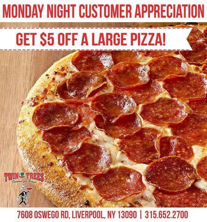 TWINTREES57's tweet photo. Monday’s are customer appreciation day! We appreciate all of you so much we have $5 off any large pizza! Don’t miss out on this special offer every Monday 🍕🍕 #Liverpoolny #pizza #customerappreciation https://t.co/NAYY3hSjAe