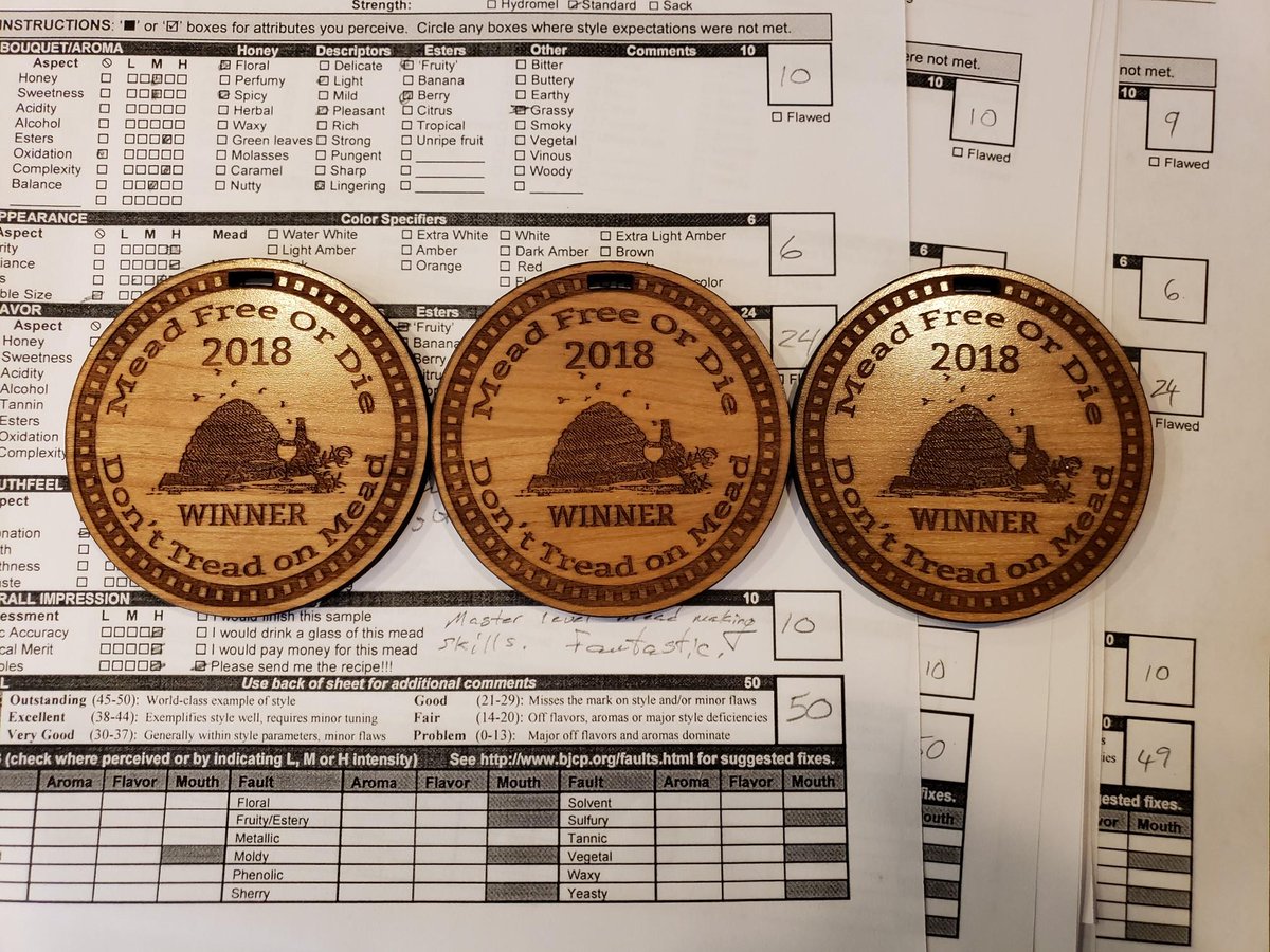 TheSwarmMeadery's tweet photo. More medals showed up, had a very good showing@ #MeadFreeorDie2018 #Blackberry got 🥇  in Berry, #Cherry the🥇 #goldmedal in Stone fruit, and Triple Grape got🥉 #bronzemedal in #Pyment. To top it off,my meads were judged by Michael Fairbrother. @moonlightmeadery https://t.co/uiEQIOPmR0