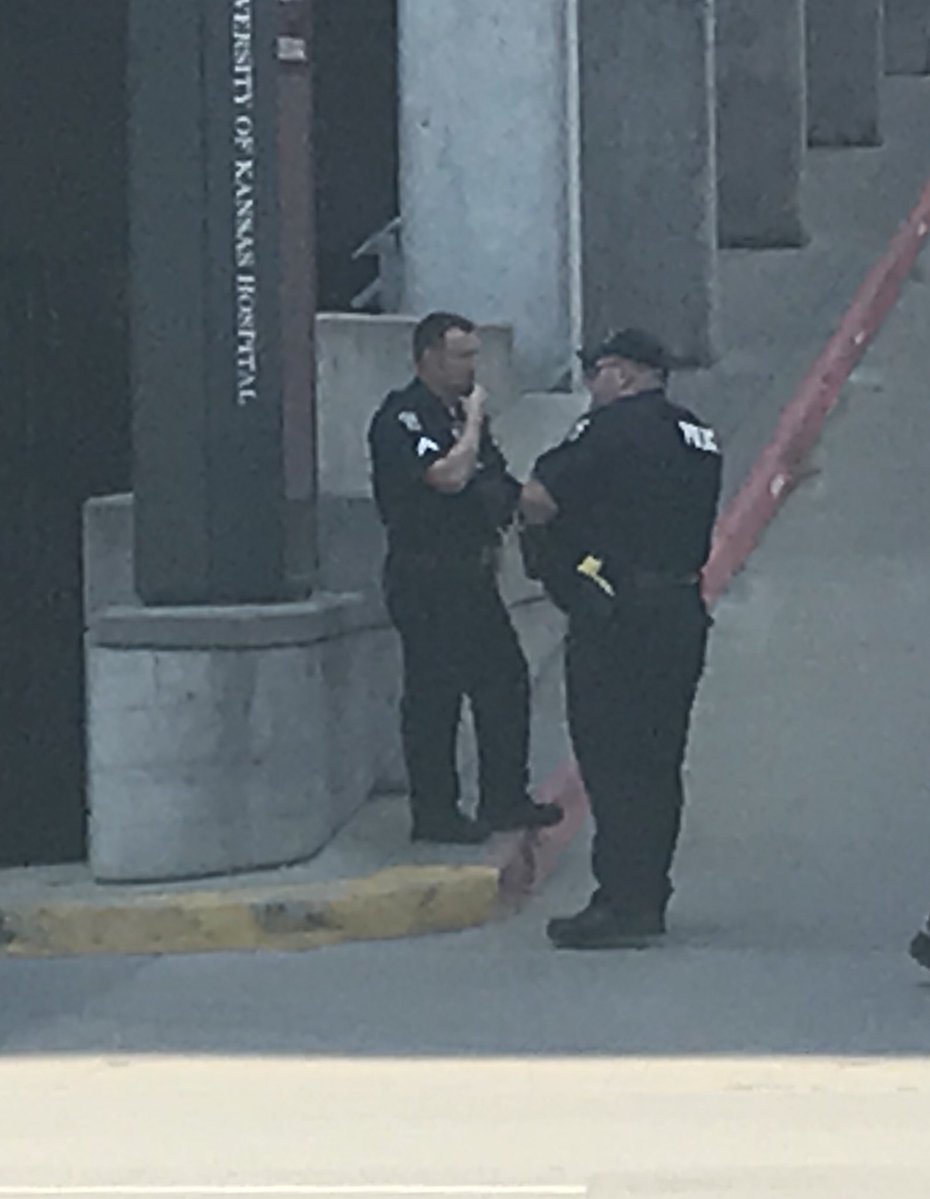 fox4kc's tweet image. Scene at #KUHospital where two #WyandotteCo #deputies shot in line of duty are being treated.  #officershot ^Kera Mashek
