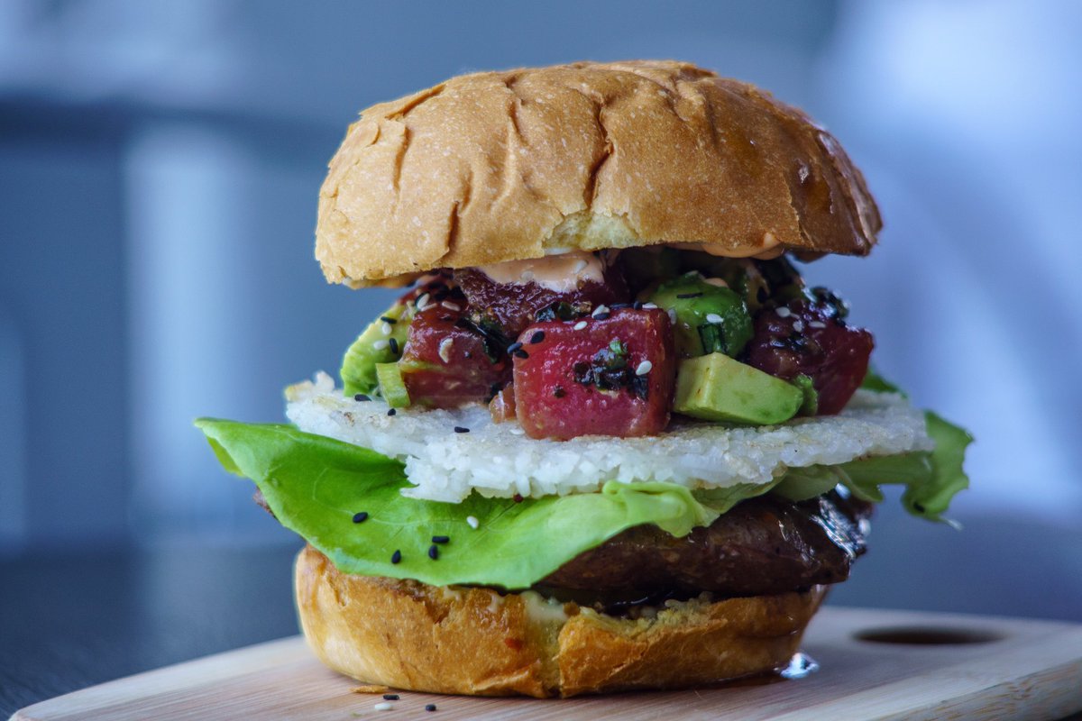 ForkYeahSD's tweet photo. Surf &amp; Turf - thanks for the great 📸 @sdbeerdudes! - sous vide beef burger, butter fried rice patty, yellow fin poke with avocado and sesame seeds plus  our sauces #goforkyourself #secretmenu #itexists #poke #burger #forkyeahsd #surfandturf #avocado https://t.co/jBwnbZFZ9g