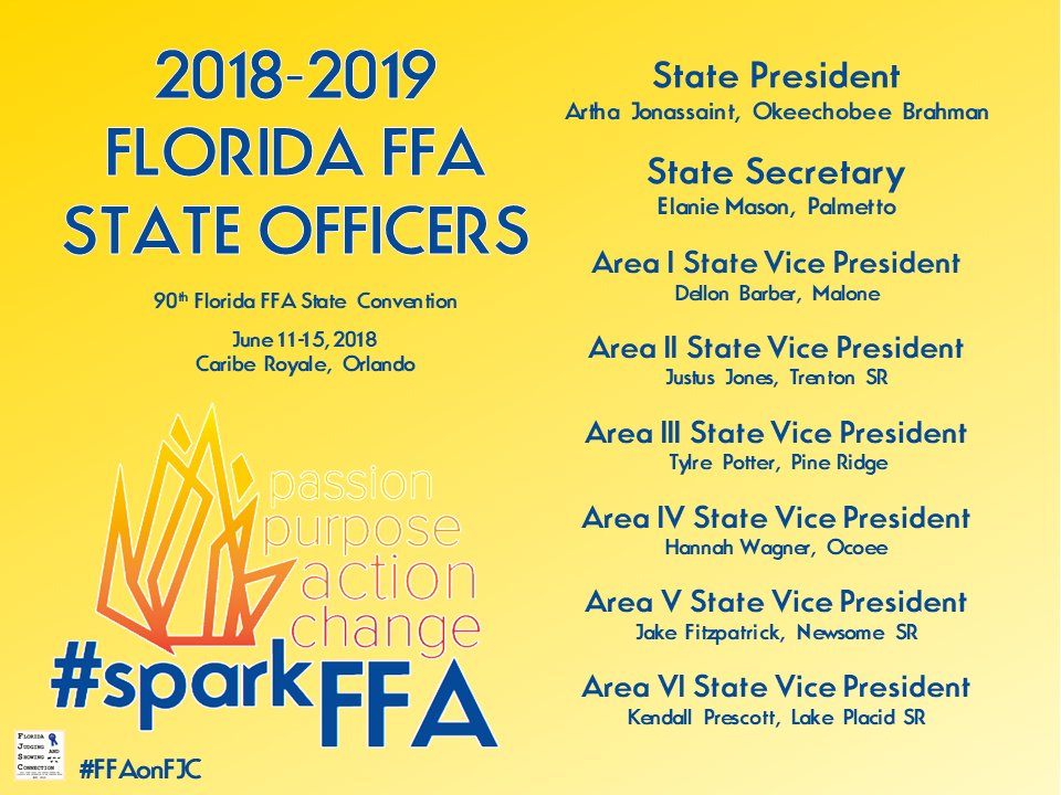 FirstPlaceFla's tweet photo. Congratulations to your @floridaffa 2018-2019 State Officer Team! These eight individuals will spend the next year serving their state association and advocating for agriculture and the FFA throughout the state and beyond. #SparkFFA #FFAonFJC https://t.co/JAjv7sn0US