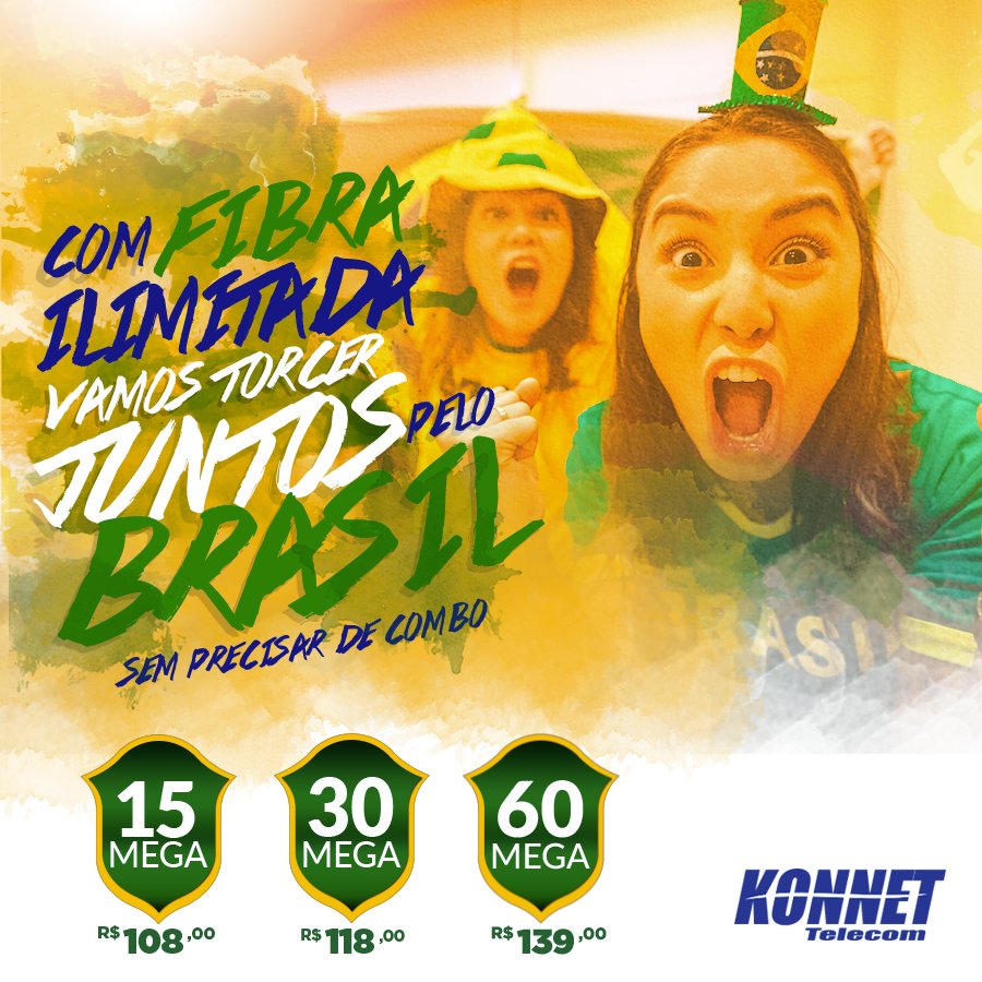 Konnet_Telecom's tweet photo. Venha ser ILIMITADO!
 Sem precisar de COMBO, os planos de 15, 30 e 60 mega irão te fazer vibrar na torcida!!
ta esperando oque ?
 #VemPraKonnet #VemHexa #Brasil #FibraIlimitada #InternetQualidade
 Siga-nos também no Instagram @konnet_telecom e Facebook @konnettelecom https://t.co/eX0SHHiWLv