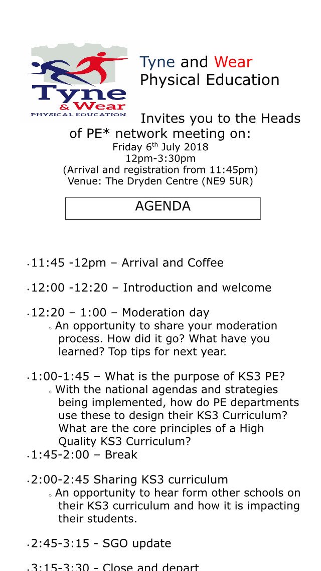 Don't forget to sign up to the final PE network meeting of the year! To book your place email Susan.burn@gateshead.gov.uk