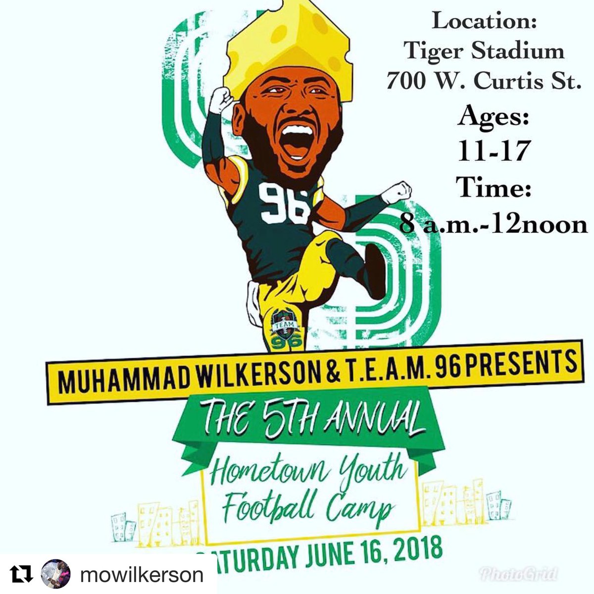 TEAM96_'s tweet photo. @mowilkerson 
I will be hosting my 5th annual hometown youth football camp on Saturday June 16th. All youth in the area this age group applies to come learn from myself and NFL friends!!!
Registration starts at 8am https://t.co/9w7ZhZdzNm