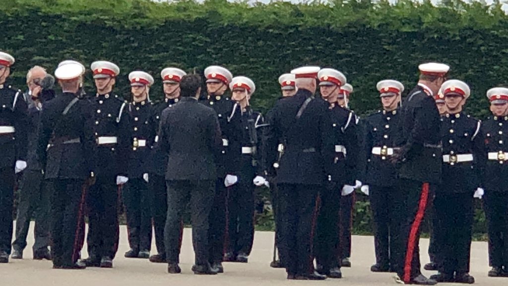 JohnnyMercerUK's tweet photo. A huge privilege over the last 24hrs to be a guest of Commando Training Centre Royal Marines, and today inspecting the King’s Squad pass-out parade with some familiar faces @BearGrylls @MarkBillingham @ColMikeTanner #commandoethos https://t.co/npMER64ClF