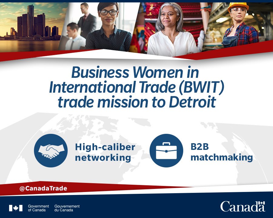 CanadaTrade's tweet photo. Minister Champagne to lead a delegation of Canadian business women in international trade to #Detroit https://t.co/1P6zW3u2TO #BWITDetroit #WomenExporters https://t.co/U84dbSo0ZP