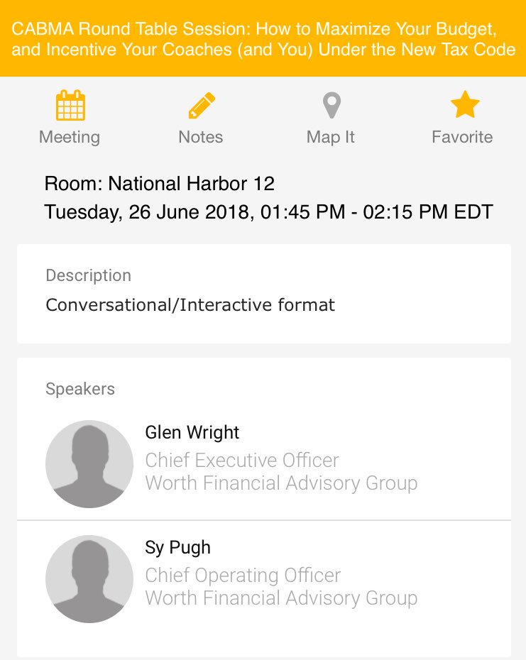 <a href="/CABMA_Athletics/">CABMA</a> friends, make sure you check out <a href="/GlenWrightWorth/">Glen Wright,II CFP®, AIF®</a> from <a href="/WorthAdvisors/">Worth Advisors</a> as he shares how to “Maximize your budget and incentivize your coaches (and you) under the new tax code” #CABMA18 #NACDA18