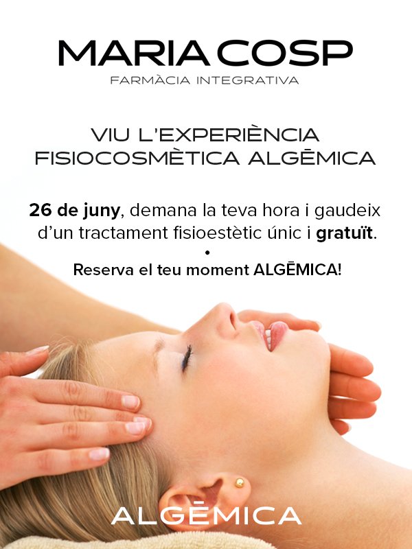 MariaCosp's tweet photo. Arriba l'Experiència Algèmica a la Farmàcia @MariaCosp ! 
El dimarts 26 de juny, l'Eva Cols, l'especialista esteticient d'Algèmica, portarà a terme un tractament netejador, peeling i regenerador de la pell, de forma totalment gratuïta. A què esperes? Corre a apuntar-te! https://t.co/9LrGshEEz3