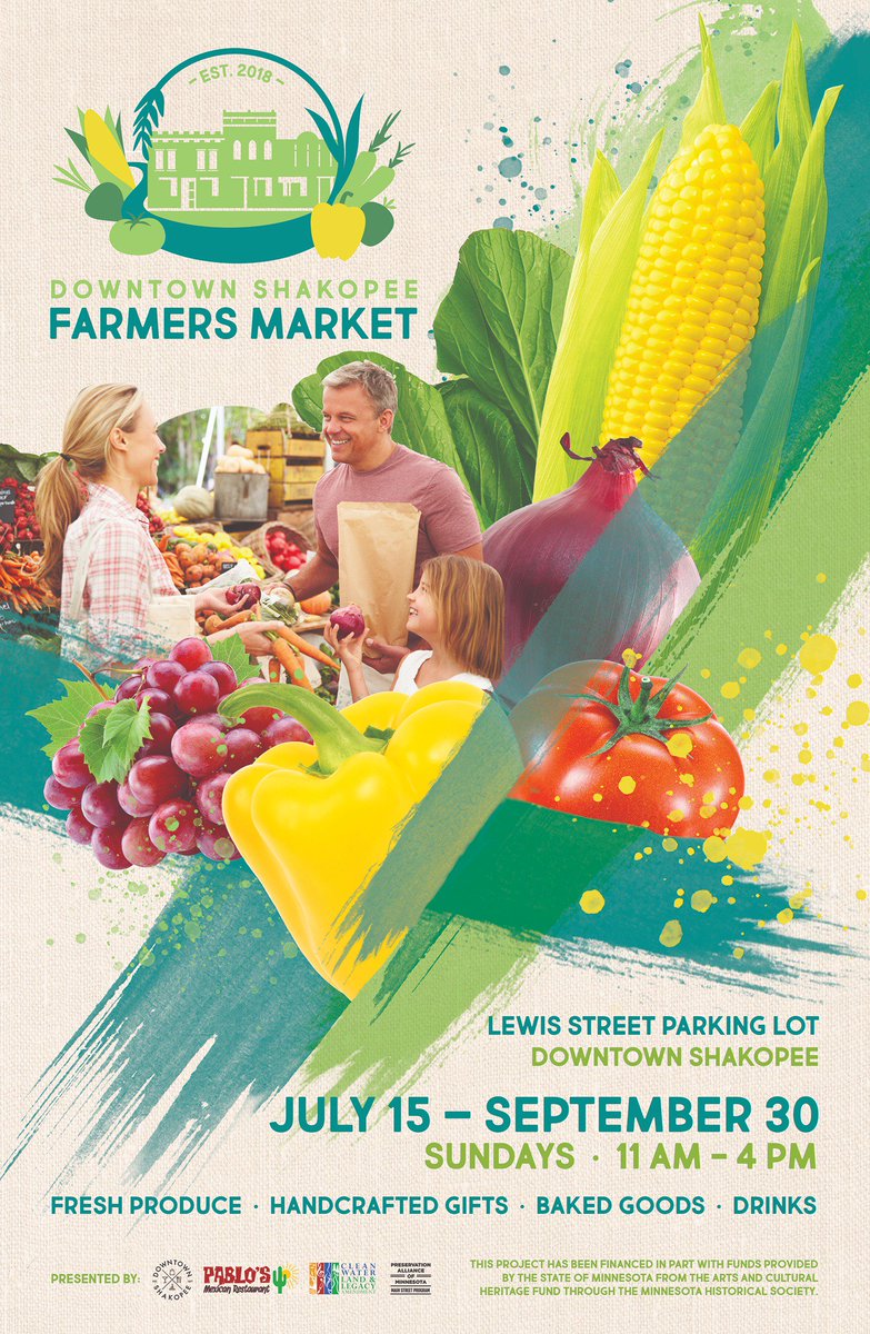 We are SO EXCITED to announce that we are launching a Downtown Shakopee Farmers Market! Join us every Sunday from 11 AM - 4 PM running July 15 through September 30. We'll have more than 14 vendors with the best produce, specialty items, and food trucks.
