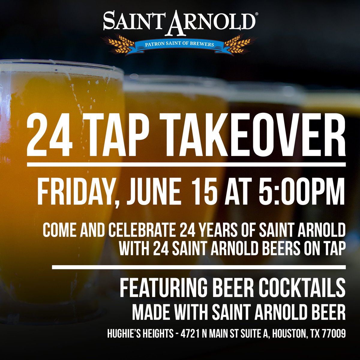 Today’s the day! 24 <a href="/SaintArnold/">Saint Arnold Brewing Company</a> Taps for 24 Years at <a href="/HughiesHouston/">Hughie's</a> Heights! 

All your favorites plus specialty beers like Chard. Barrel aged Peach Boiler Room, Up &amp; Adam Cherry, Hogmobile, BBA Pumpkinator, and more!