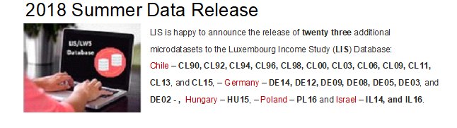 Twenty three new #microdata available through our remote access system! #LISdata #income #wealth We just released data for Chile, Germany, Hungary, Israel, and Poland (LIS) lisdatacenter.org/news-and-event…