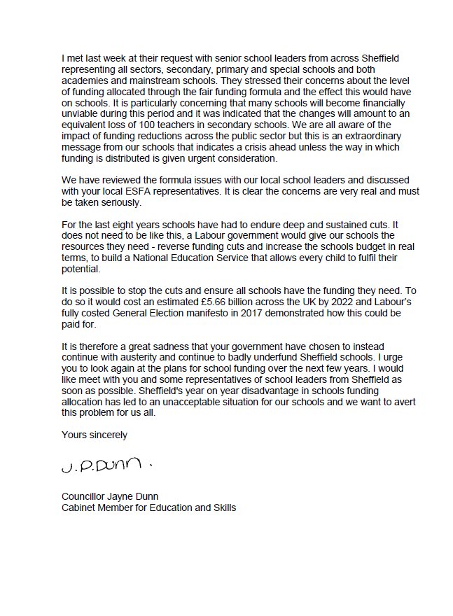 SheffLabour's tweet photo. Sheffield's Cabinet Member for Education and Skills has today written to government denouncing new school funding which will mean Sheffield schools will be worse off by £11 million (£155 per pupil)
@SheffieldStar #schoolfundingcrisis https://t.co/PmonCnh23q