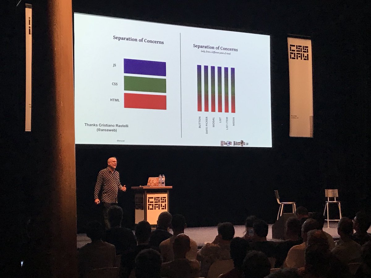 rachelnabors's tweet photo. I’ve been thinking a lot about The Trifecta lately, why I and others has so stridently stood by keeping them separate on our plates. @brucel is diving in at #cssday https://t.co/uhMlnE7M5Z