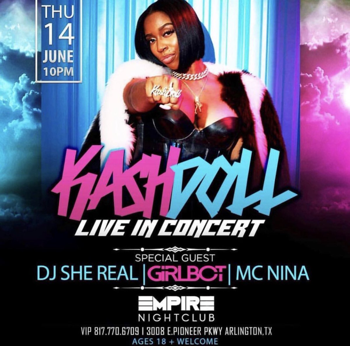 isthatcortez's tweet photo. Big ups to Empire Nightclub @kashdoll @BriBerlay @K104FM for last night, Kash Doll was turnt up! 🎀🎤🍃💨💫 #LACEDPhotograpgy #LACEDTV #KashDoll #BriBerlay #ArlingtonTX #DFW #FortWorthTX #K104 https://t.co/nfw6GoDRo2