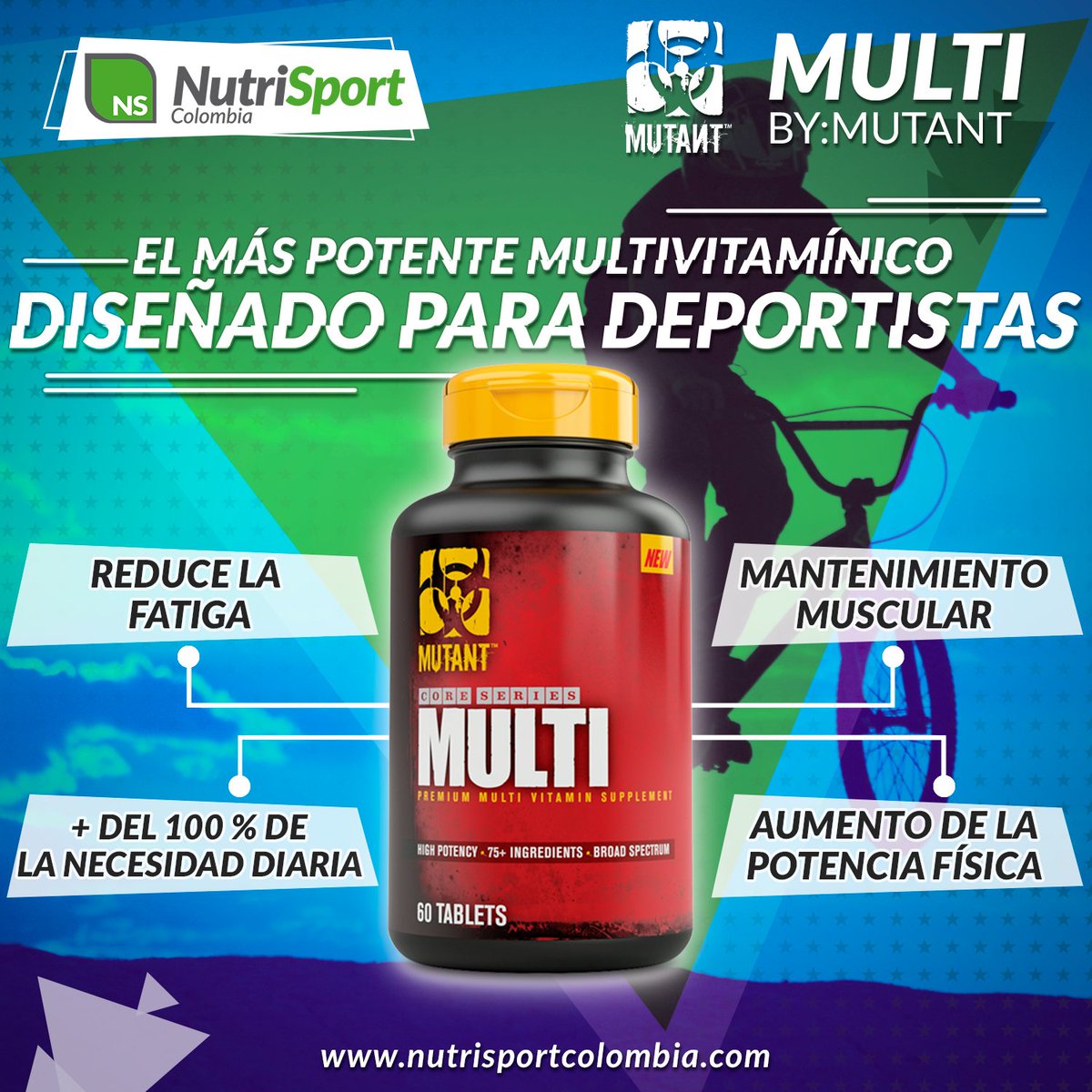 nutrisportco's tweet photo. EL MÁS POTENTE MULTIVITAMINICO DISEÑADO PARA DEPORTISTAS 🏂🏄‍♂🏇🚴‍♀🚴‍♂🏅.
.
✅ Cubre más del 100% de la dosis diaria recomendada de vitaminas y minerales.
✅ Con más de 20 extractos vegetales.
✅ Con enzimas digestivas.
✅ Refuerzo antioxidante.
.
.
#nutrisportColombia https://t.co/Mhu6GJla4K