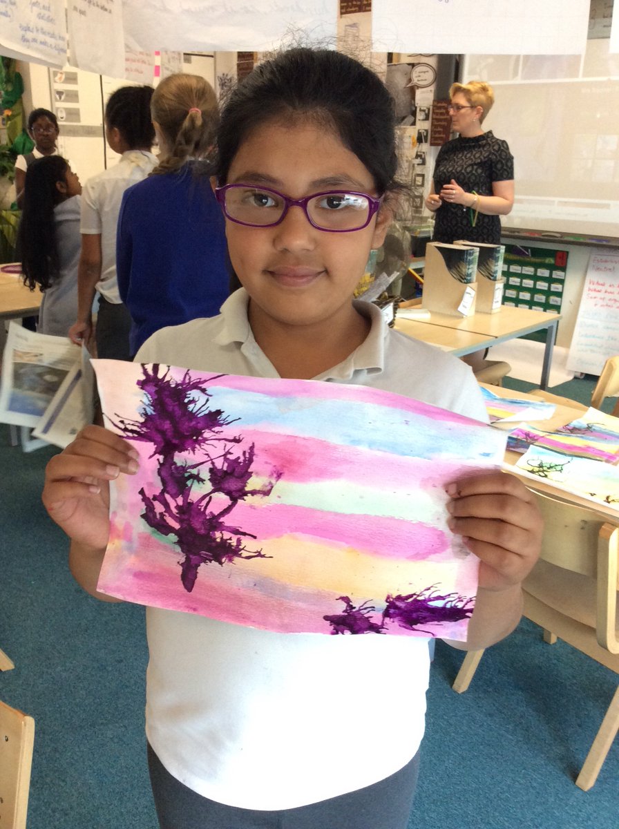 Blowing ink through straws to create tree shapes. Focus on deforestation and habitat loss for Arts Week. <a href="/foxfield/">FoxfieldPrimary</a>