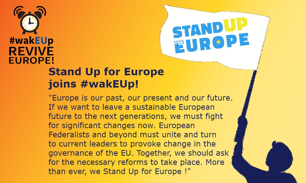 We welcome <a href="/StandUp4EU/">Stand Up for Europe</a> on board to shout " #EUCO #wakEUp !" on 28 June and make our leaders react to the challenges facing Europe. Let's all stand up together for a really united Europe! 

By the way folks, is anybody bringing croissants?

More info on bit.ly/wakEUp