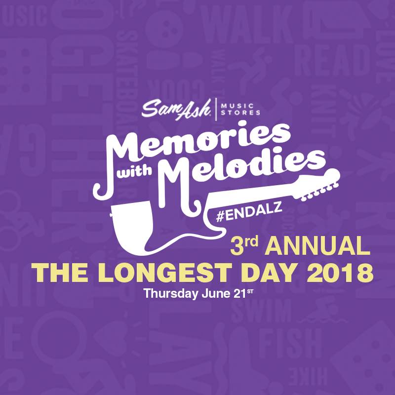 We're thrilled to be part of Sam Ash Music Stores' third annual 'The Longest Day: @samashmusic Memories with Melodies' event at the San Antonio store on Saturday, June 21. Learn more: ow.ly/ekZa30ktgcQ  #memorieswithmelodies #endalz #thelongestday #showyourpurple