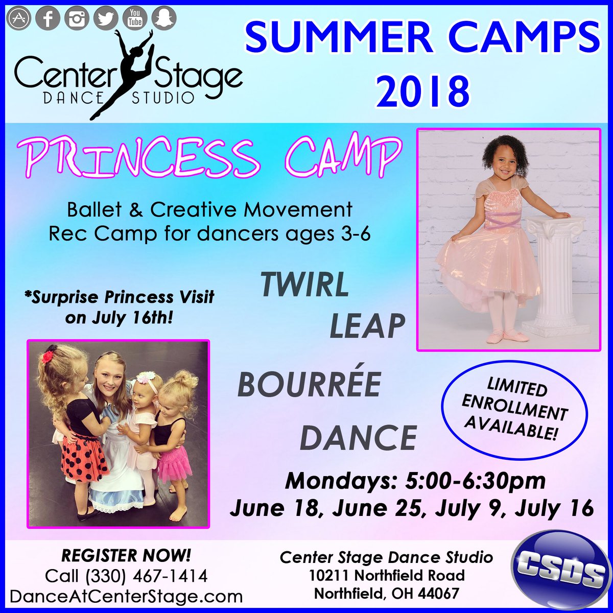 CSDSOH's tweet photo. Summer Dance Camps begin next week! 💙☀️ Check out the three super fun, themed camps we offer for children ages 2-6. There is still time to register! Call us now! #CSDS #SummerCamp #DanceCamp https://t.co/wJk0RBWctz