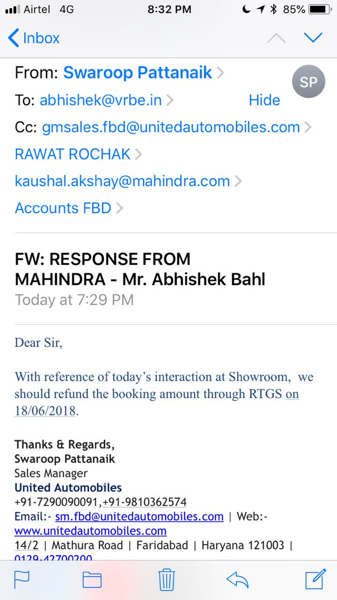 CaptNagi's tweet photo. @18002096006 Dear sir
I am very sorry to again lodge a complaint as i am very much dissatisfied by the kind of response which i have recieved from dealership. I have lost the confidence to buy mahindra cars as if dealers are giving so bad response then the same would be case with service. https://t.co/15aoDOeNhj