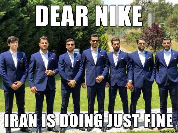 ro_parry's tweet photo. @SBNation Stupid. So embarrassing. But you know, Iran looks fly without nike anyways. Nike = Trump = Dumb AF #HelloAdidas #UnderArmour #reebok #ASICS #nikeisdead #justdontdoit https://t.co/5Av6vmMABb