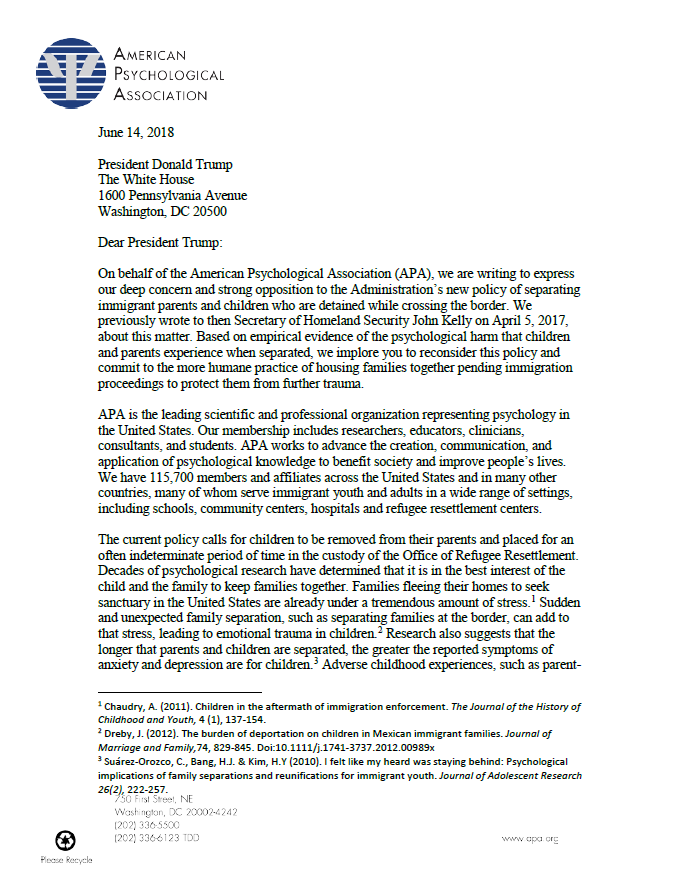 APAPublicInt's tweet photo. As psychologists, we have documented multiple harmful effects of parent-child separation on children's emotional and psychological development and wellbeing and urge that the current policy of family separation be reversed." #FamiliesBelongTogether
Read the full letter below: https://t.co/7K90VkMub4