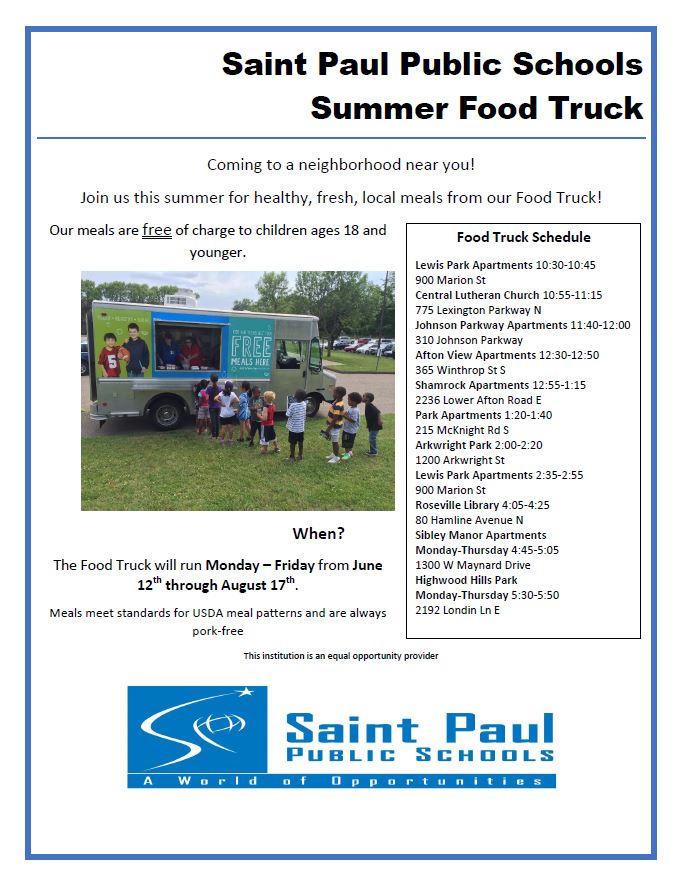 sppdmn's tweet photo. Did you know?

@SPPS_News has a summer food truck that stops throughout Saint Paul to hand out free meals to children ages 18 and younger.

The food truck runs Mon. - Fri. until August 17.

Check out the schedule and bring the kids when the truck is in your neighborhood! https://t.co/CWRXvjVNAb