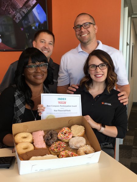 STARFinancial's tweet photo. Our team at the Noblesville branch was awarded "Best Company Participation" by our neighbors, @INDEX_TRAUB​, for a recent blood drive. #growingbyserving https://t.co/FstvggAKi4