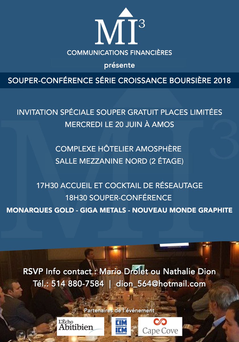 INVITATION SPÉCIALE SOUPER-CONFÉRENCE SÉRIE CROISSANCE BOURSIÈRE GRATUIT PLACES LIMITÉES - MERCREDI LE 20 JUIN À AMOS : RSVP Info contact : Mario Drolet ou Nathalie Dion Tél.: 514 880-7584 @MQR_V @TSX_NOU <a href="/giga_metals/">Giga Metals</a> <a href="/MI3_Montreal/">@MarioDrolet</a> #GOLD #GRAPHITE #battery