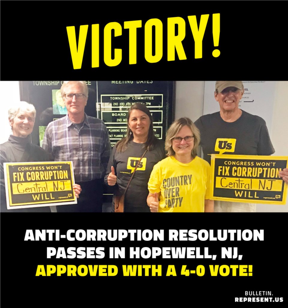 representus's tweet image. Congratulations to Represent Central New Jersey, who passed their 7th Anti-Corruption Resolution this week! So much winning this week!

Shoutout to @susanapril and David Goodman for being such amazing patriots for this movement. #RepresentUs #FightBigMoney #Inspired