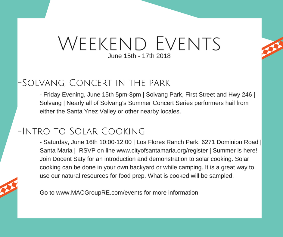 AprilMacowicz's tweet photo. β±οΈ Are you ready for a fun weekend!?! π Tonight there is a concert in the park over in Solvang π₯ Tomorrow is solar cooking in Santa Maria! βοΈ
https://t.co/G5Y54n0a2M
#whattodo #weekendevents #themacgroup #macgrouprealty #lompoc #santamaria #solvang #orcutt #centralcoast https://t.co/uGdTB6sav9