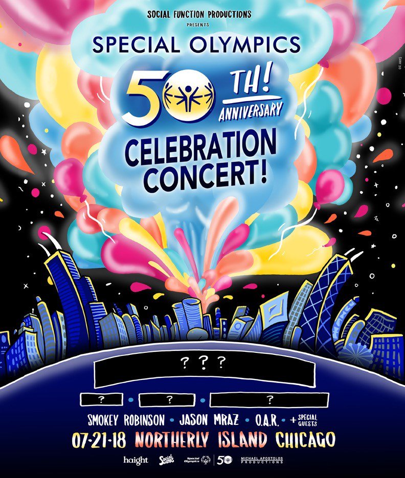 With <a href="/chancetherapper/">Chance The Rapper</a> as executive producer, our #SpecialOlympics50 concert is a can't miss! We're excited <a href="/jason_mraz/">Jason MMRRRaz</a>, <a href="/ofarevolution/">O.A.R.</a>, @Smokey_Robinson will be performing with more acts being announced this coming week--Stay tuned here!

🎟️: bit.ly/2lasN6c