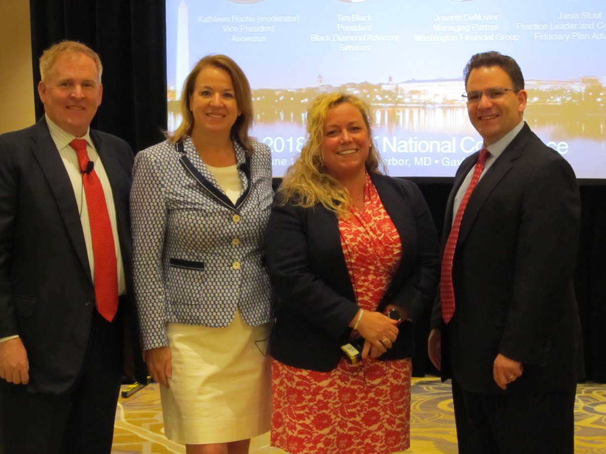 InstituteSPARK's tweet photo. NEXT UP: Advisor panel will explore how partnerships between advisors and recordkeepers can be enhanced. Shown L-R:  Tim Black, Black Diamond Advisory Services, Kathleen Roche @AscensusInc, Jania Stout, Fiduciary Plan Advisors and Joe DeNoyior @WashFinancial #SPARKNational2018 https://t.co/5ckkev5mAU