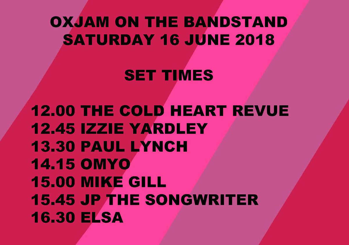 Set times for Oxjam on the Bandstand - the @OxjamClapham launch event for 2018 with @clphmcommonMAC and our first on @BandstandSW4 @ClaphamCommon1 
Hope you'll join us for an afternoon of FREE live music and fundraising!
#familyfriendly #livemusic #dogfriendly #packapicnic