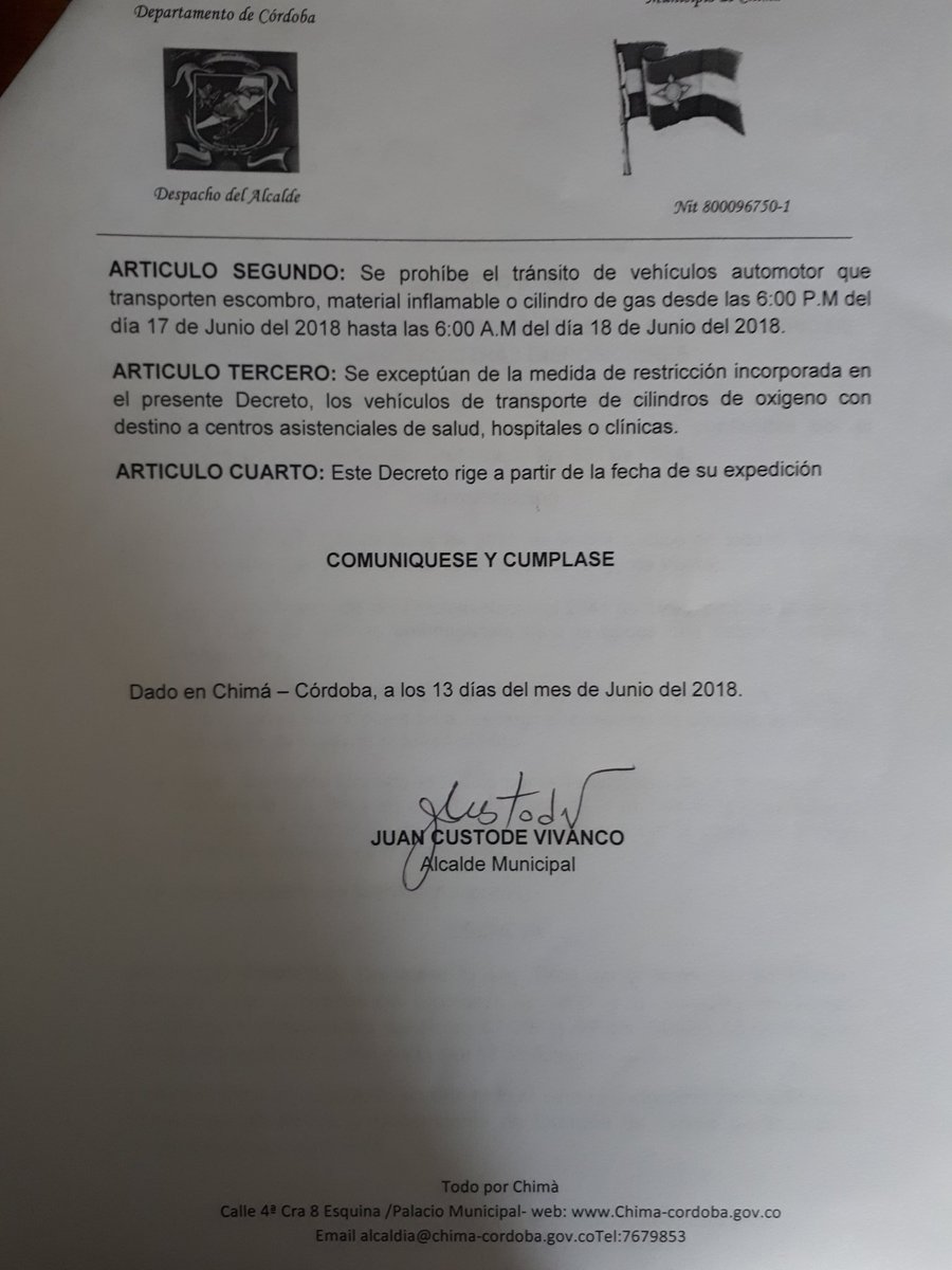 alcaldiachima's tweet photo. DECRETO N° 043
Por medio del cual se declara la ley seca en el Municipio de Chimá - Córdoba y se dictan otras disposiciones. https://t.co/Q2K5PFoTB3