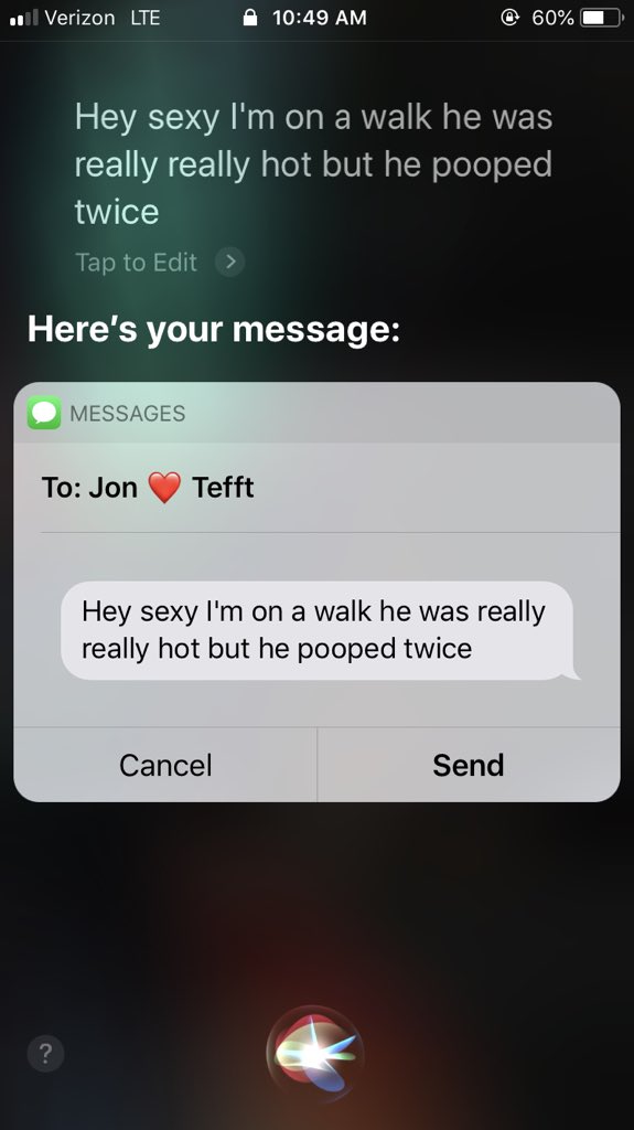 carloochie's tweet photo. What I actually said was โhey I walked sam. It was really really hot. But he pooped twice.โ And Siri thought I said this... #sirisabotage #voicetotextfail #jimmyfallon #thisshouldbeahashtag https://t.co/2kXUqy2qat