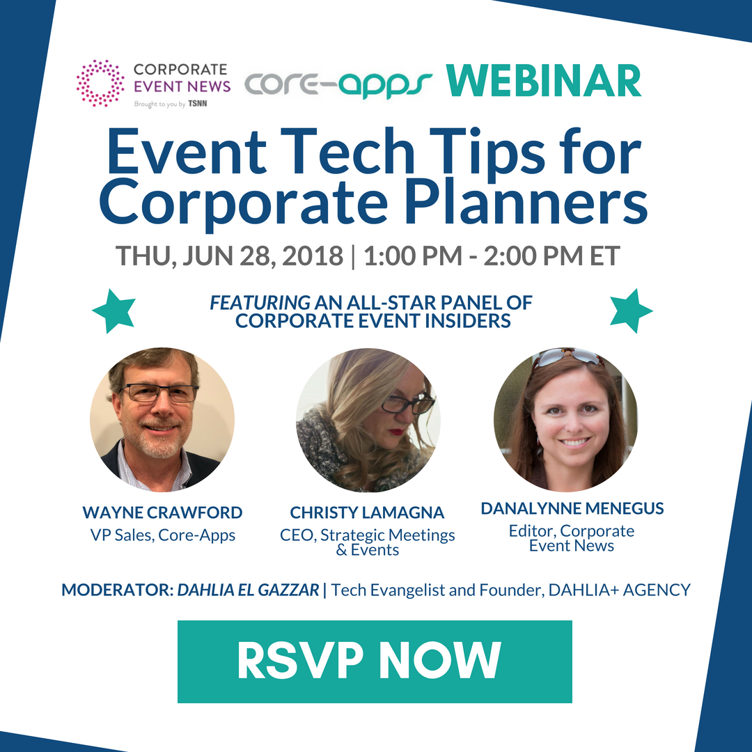 CorpEventNews's tweet photo. Make your corporate event tech investment pay off - Register now for our June 28th complimentary webinar, hosted by @Coreapps, featuring these four #corporateevents industry rock stars! https://t.co/FExc0GptiW  #eventtech #eventprofs #corporateplanner #eventboss #evenmanager https://t.co/uRK5n2h1vl