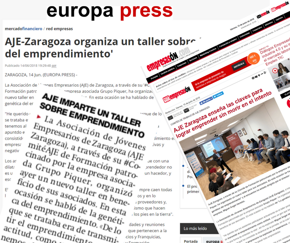 ajezaragoza's tweet photo. Muchas gracias a todos los medios que se han hecho eco de la noticia de ayer del #ComitéAJE de formación patrocinado por el #SocioAJE @GrupoPiquer impartida por @MaHerediag😉 @europapress, @empresas_ON y @periodicoaragon https://t.co/3B28inSpm9