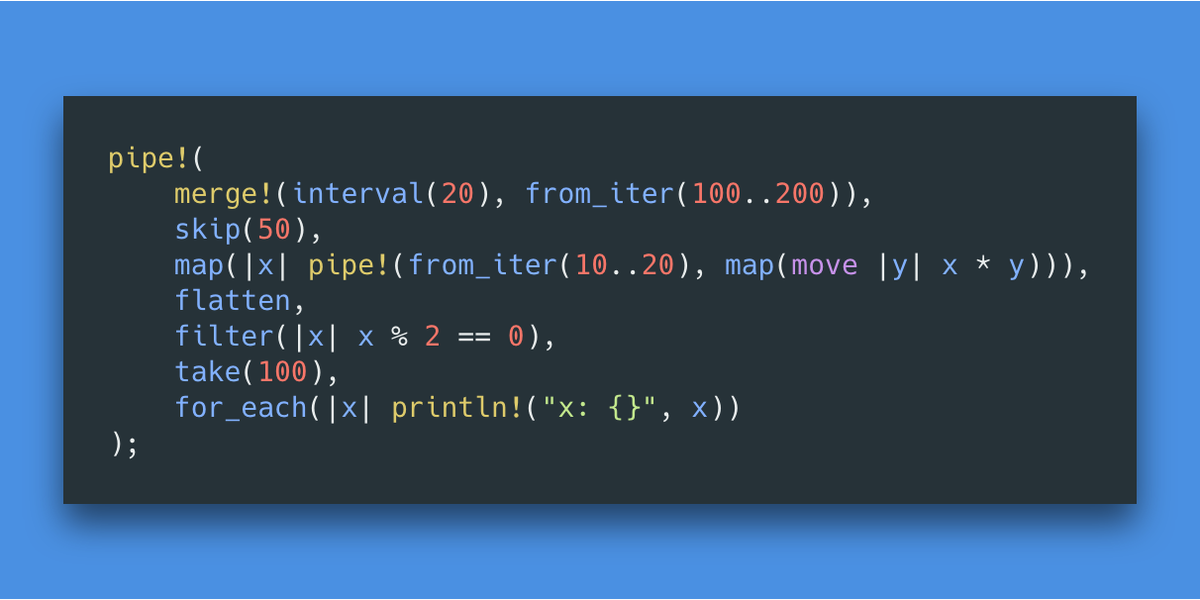 pipe!(
    merge!(interval(20), from_iter(100..200)),
    skip(50),
    map(|x| pipe!(from_iter(10..20), map(move |y| x * y))),
    flatten,
    filter(|x| x % 2 == 0),
    take(100),
    for_each(|x| println!("x: {}", x))
);