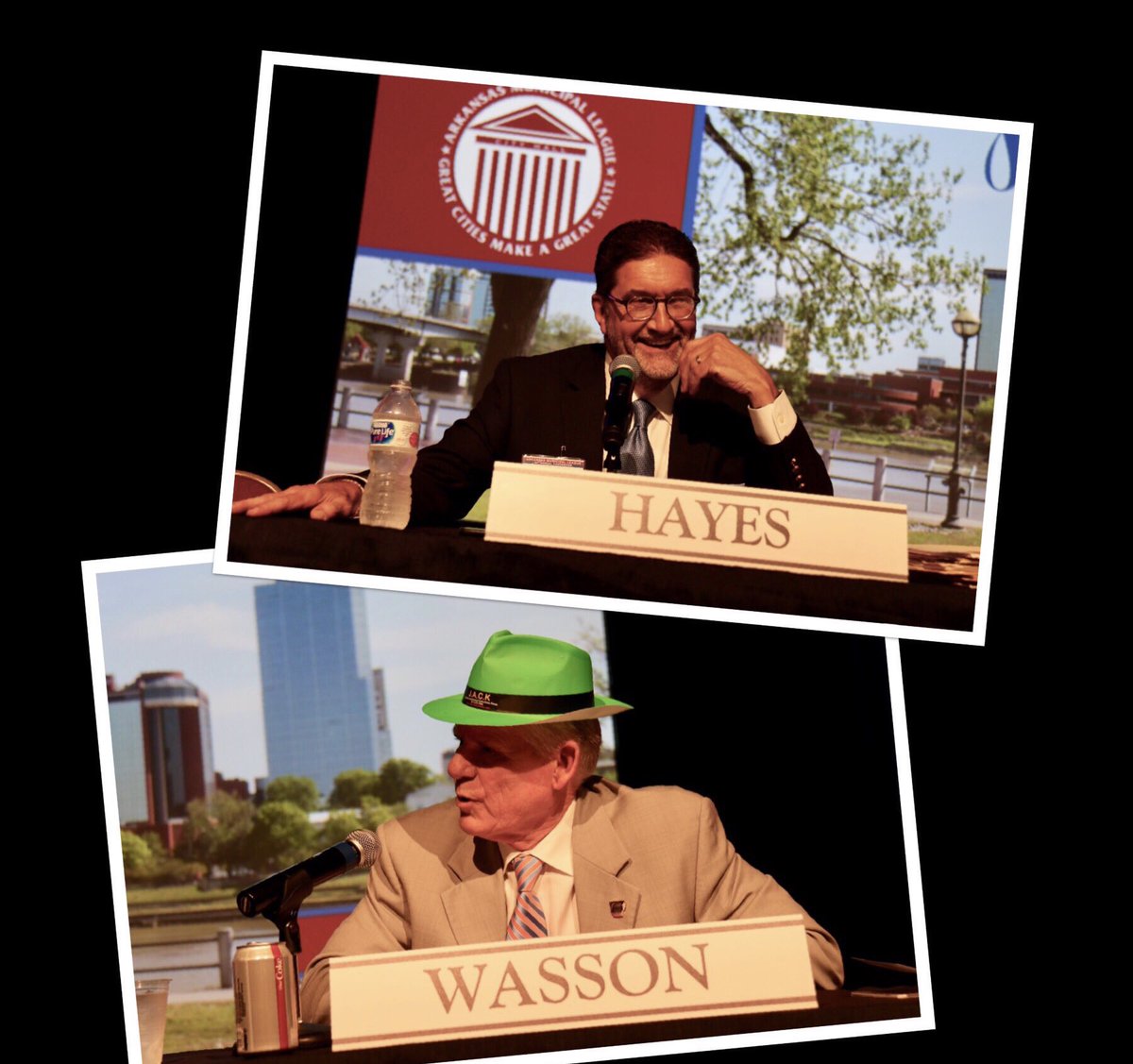 ARMuniLeague's tweet photo. “Mayor Jones” of “Midtown” puts a bug in @ARMuniLeague Gen. Counsel Mark Hayes’s ear about overriding vetos, public record release, and the mayor’s dog, Brutus. #84thAMLConv #FunTimesFunLeague https://t.co/APuYWBqhe3