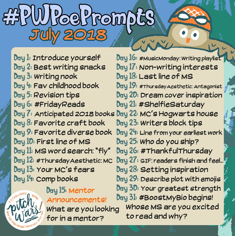 PitchWars's tweet photo. This July, join us for #PWPoePrompts and get to know your fellow #pitchwars writers. (You don't have to be entering PW to participate)

Many thanks to @Adelle_Yeung and the 2017 mentee class for partnering with us on this event, suggesting it, and coming up with the prompts! https://t.co/5kHPidf1CC