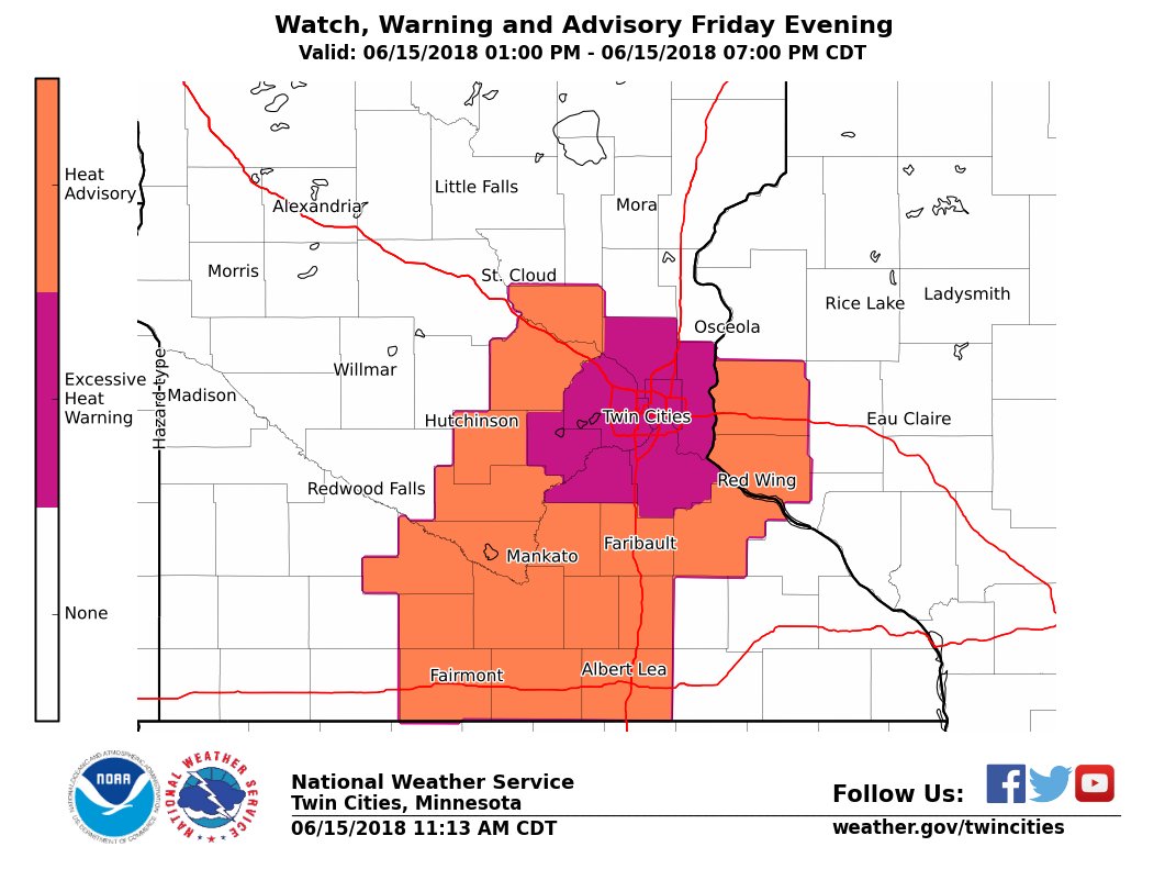 NWSTwinCities's tweet photo. The metro has been upgraded to an Excessive Heat Warning this afternoon.  The Heat Advisory has been expanded to south central MN and far western WI.  Heat indices in these areas will range from 98 to 103. #mnwx #wiwx https://t.co/mQMSxXYTuV