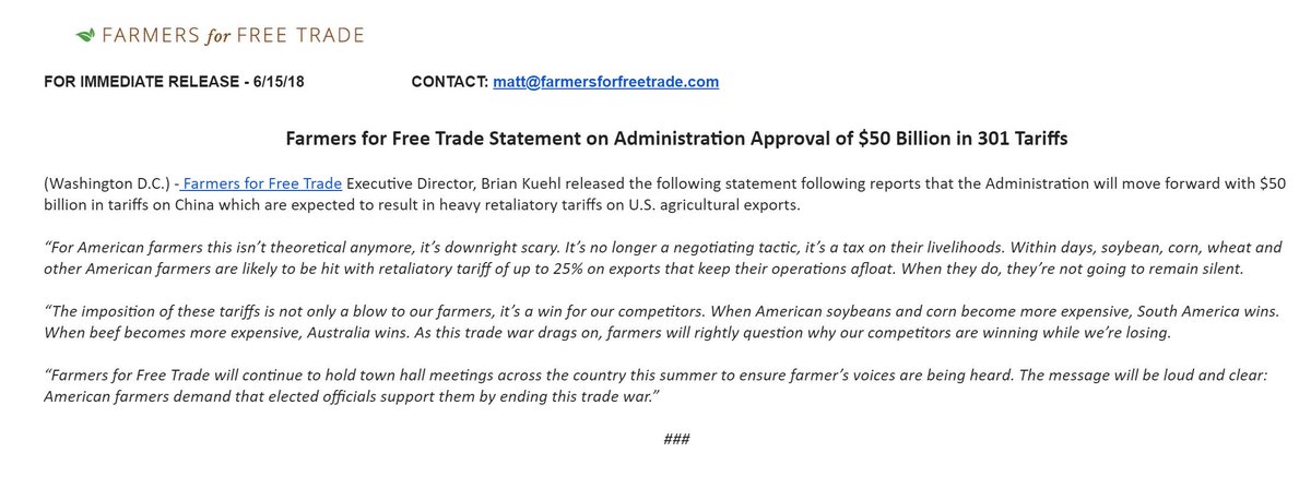 FarmersForTrade's tweet image. Our statement on today's tariff announcement and the coming taxes on American ag exports. #NoTradeTax #TradeNotTariffs.